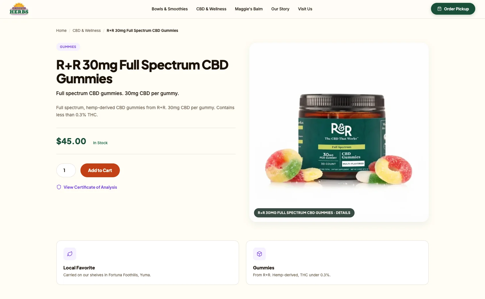 A Sunshine Herbs CBD product page with the price, stock status, an Add to Cart button and a View Certificate of Analysis link