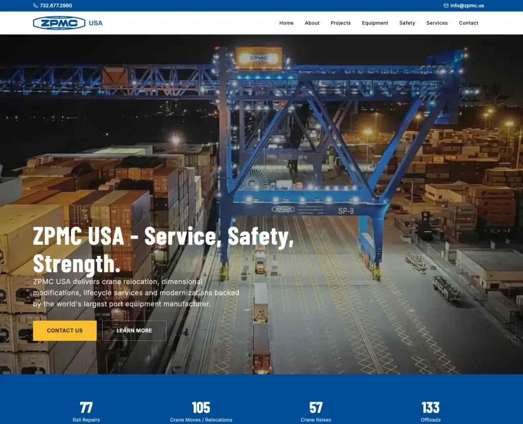 The ZPMC USA homepage, a container crane at a lit terminal at night with the headline Service, Safety, Strength and Contact Us and Learn More buttons