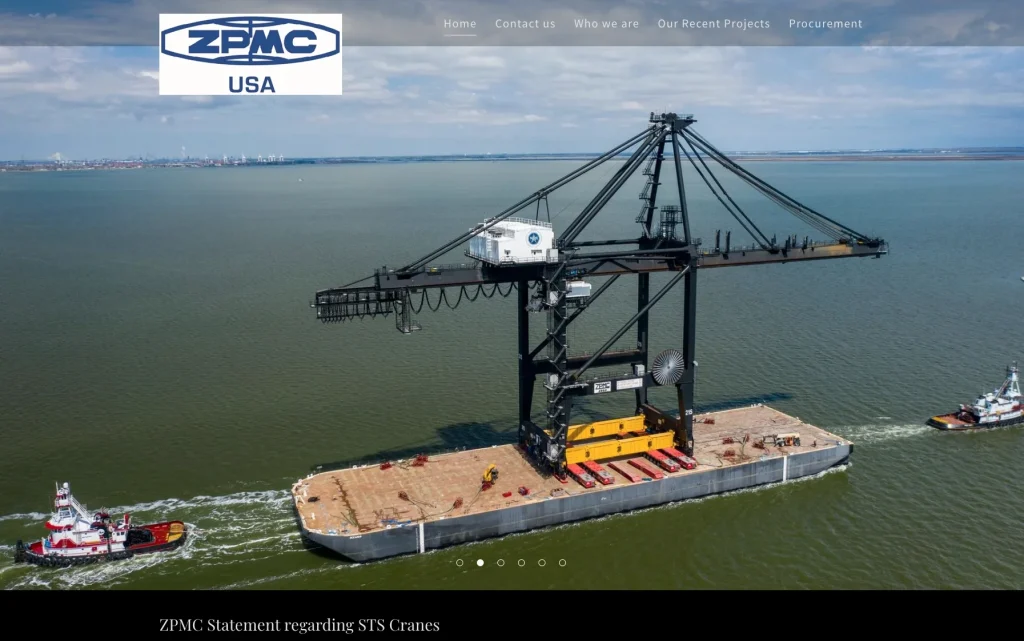 The previous ZPMC USA homepage first screen, a full-width photo slider of a crane on a barge with the logo box and a single headline below