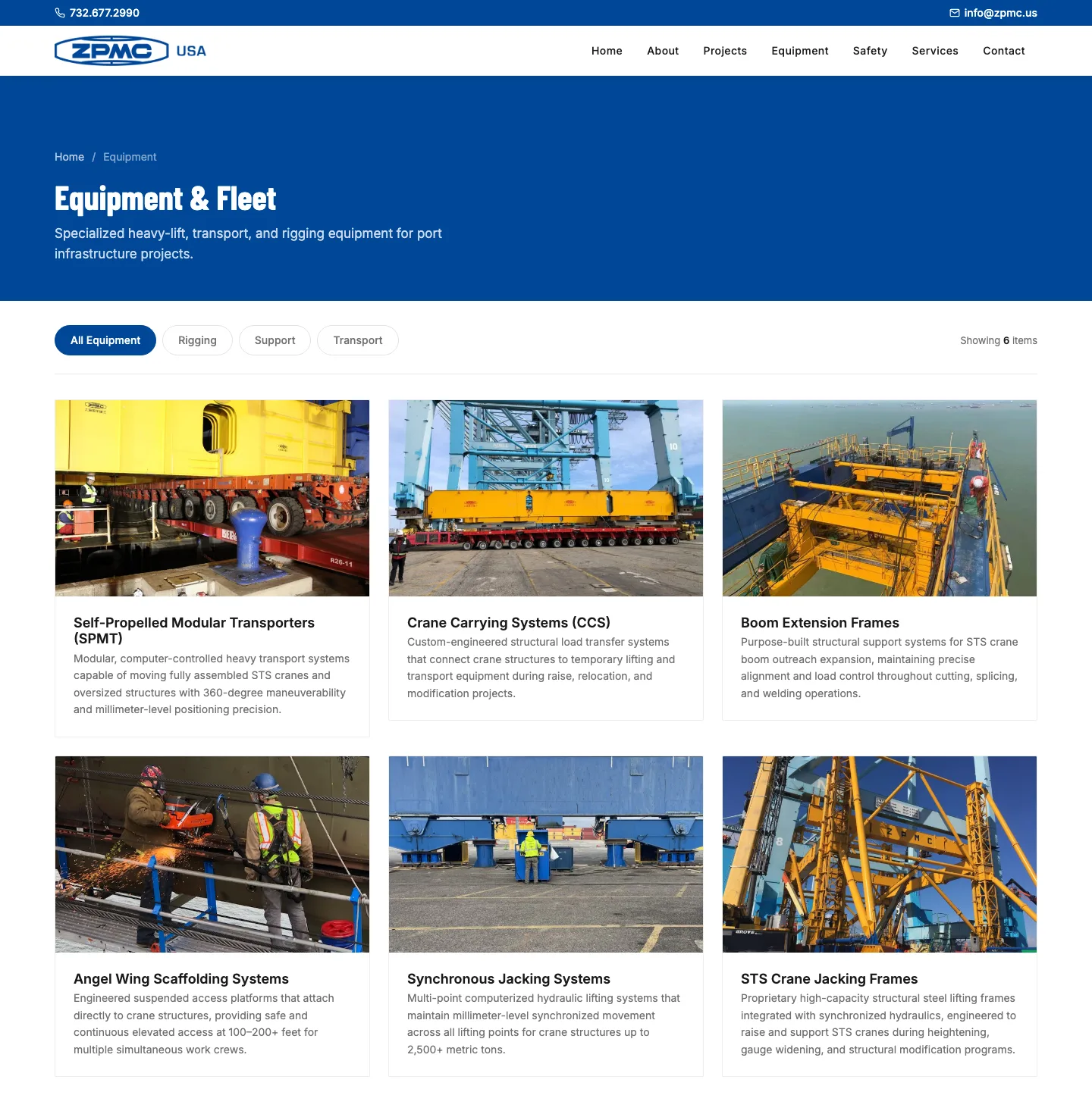 The ZPMC USA Equipment and Fleet page with cards for each equipment system