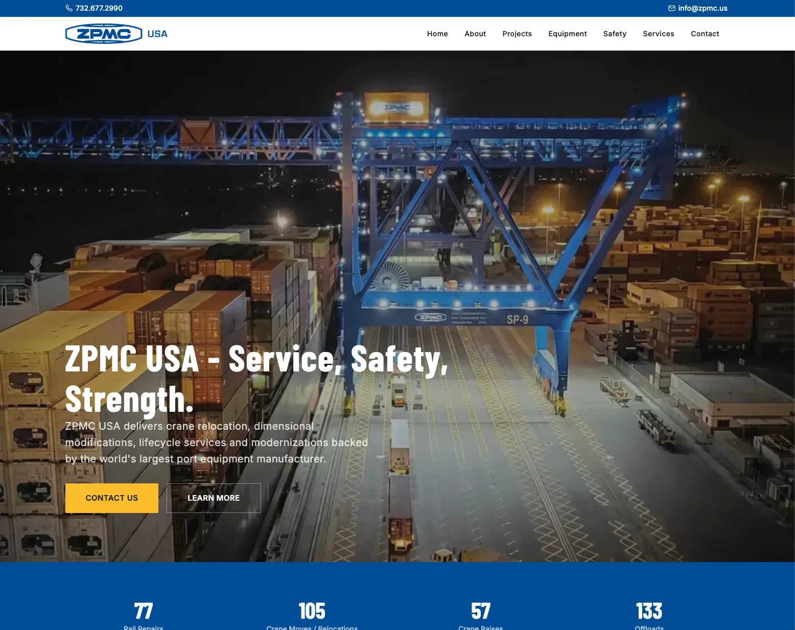 The ZPMC USA homepage hero, a container crane at a lit terminal at night with the headline Service, Safety, Strength and Contact Us and Learn More buttons
