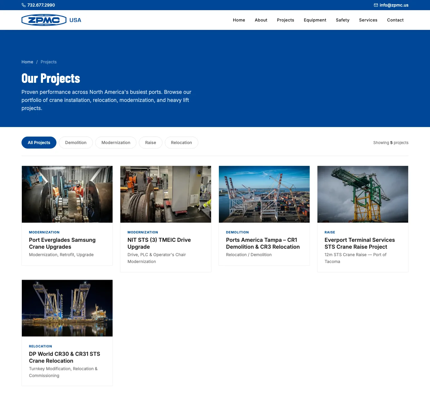 The ZPMC USA projects page with category filters and a card for each project