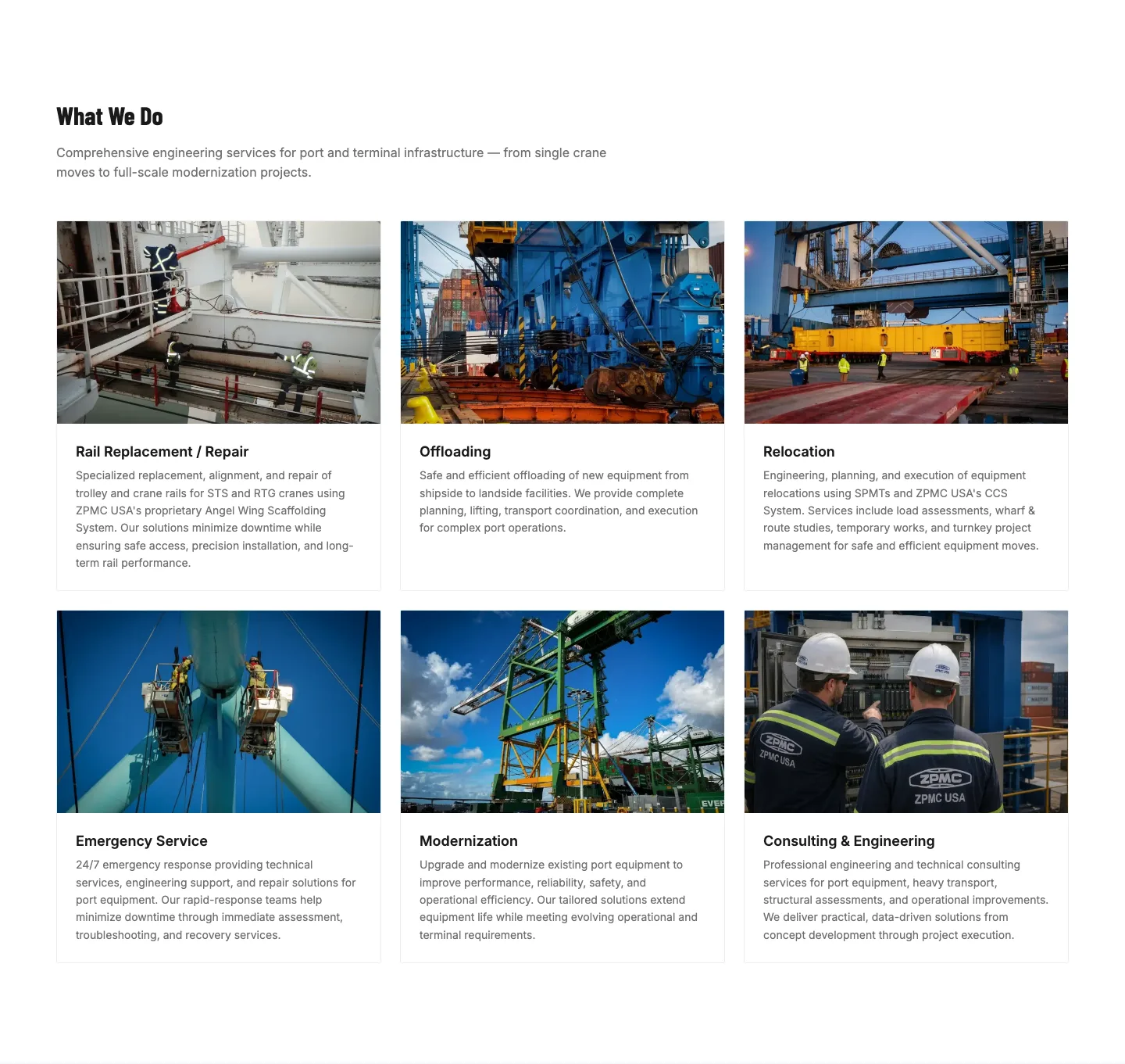 The ZPMC USA homepage What We Do section with six service cards